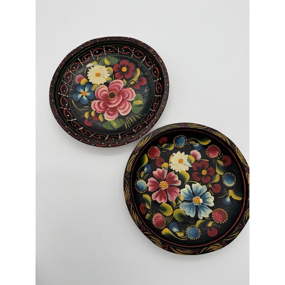 Mexican BATEA Wood FLORAL Folk Art BOWL Hand Tole Painted VTG Tray Plate Lot 2 - Picture 1 of 5